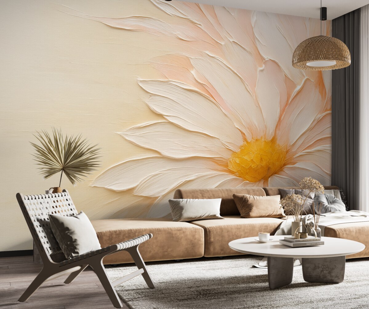 Fototapeta Biały, różowy, duży kwiat z imitacją malarskich pociągnięć, tło o zróżnicowanej fakturze.