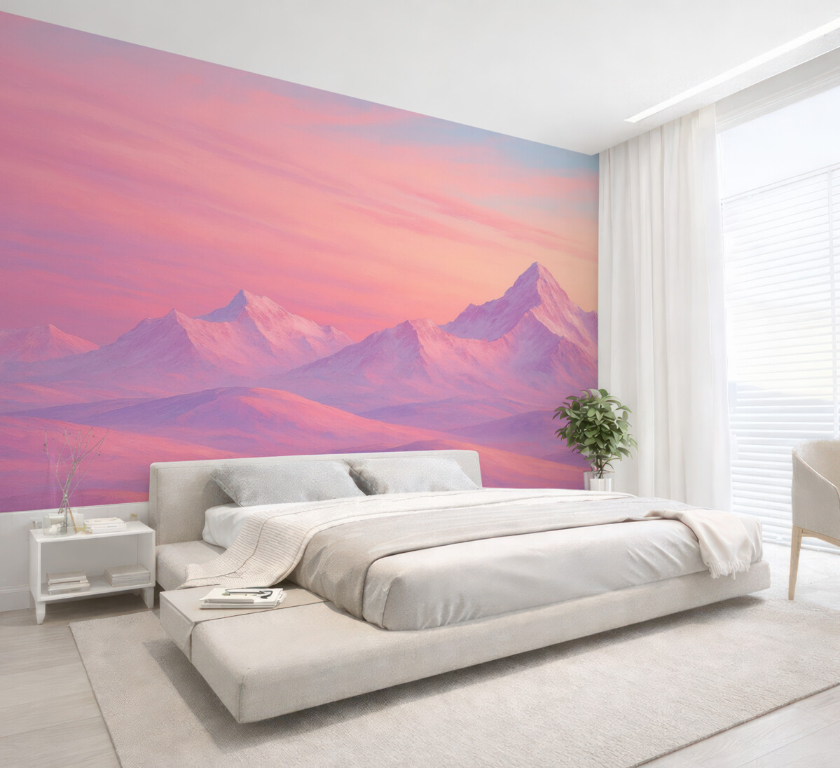 Fototapeta Subtelny różowy zachód słońca w otoczeniu gór i firmamentu.