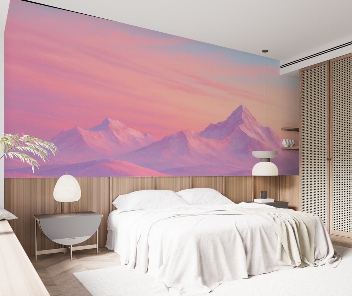 Fototapeta Subtelny różowy zachód słońca w otoczeniu gór i firmamentu.