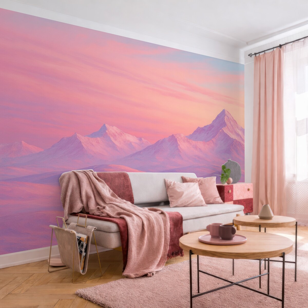 Fototapeta Subtelny różowy zachód słońca w otoczeniu gór i firmamentu.