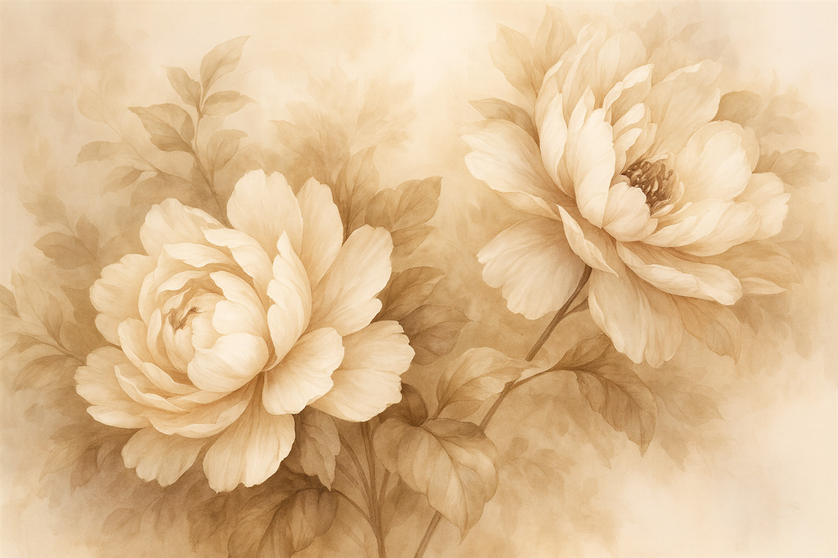 Fototapeta Obraz z dużymi piwoniami w ciepłych stonowanych barwach.