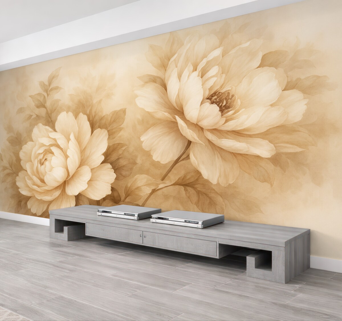 Fototapeta Obraz z dużymi piwoniami w ciepłych stonowanych barwach.