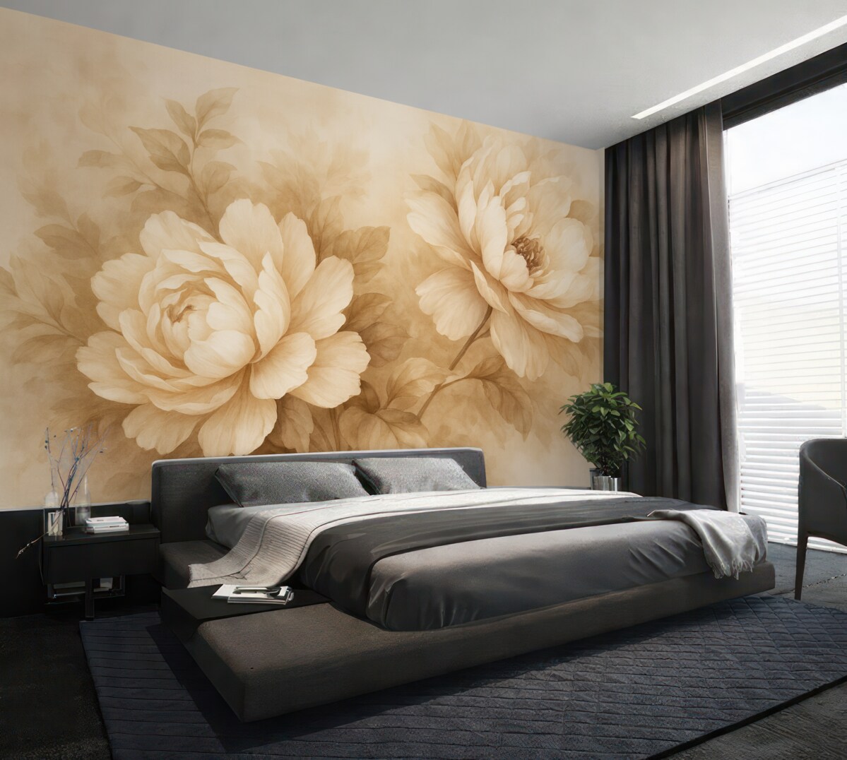 Fototapeta Obraz z dużymi piwoniami w ciepłych stonowanych barwach.