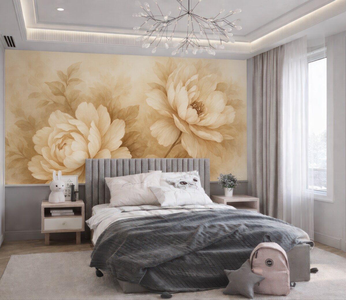 Fototapeta Obraz z dużymi piwoniami w ciepłych stonowanych barwach.