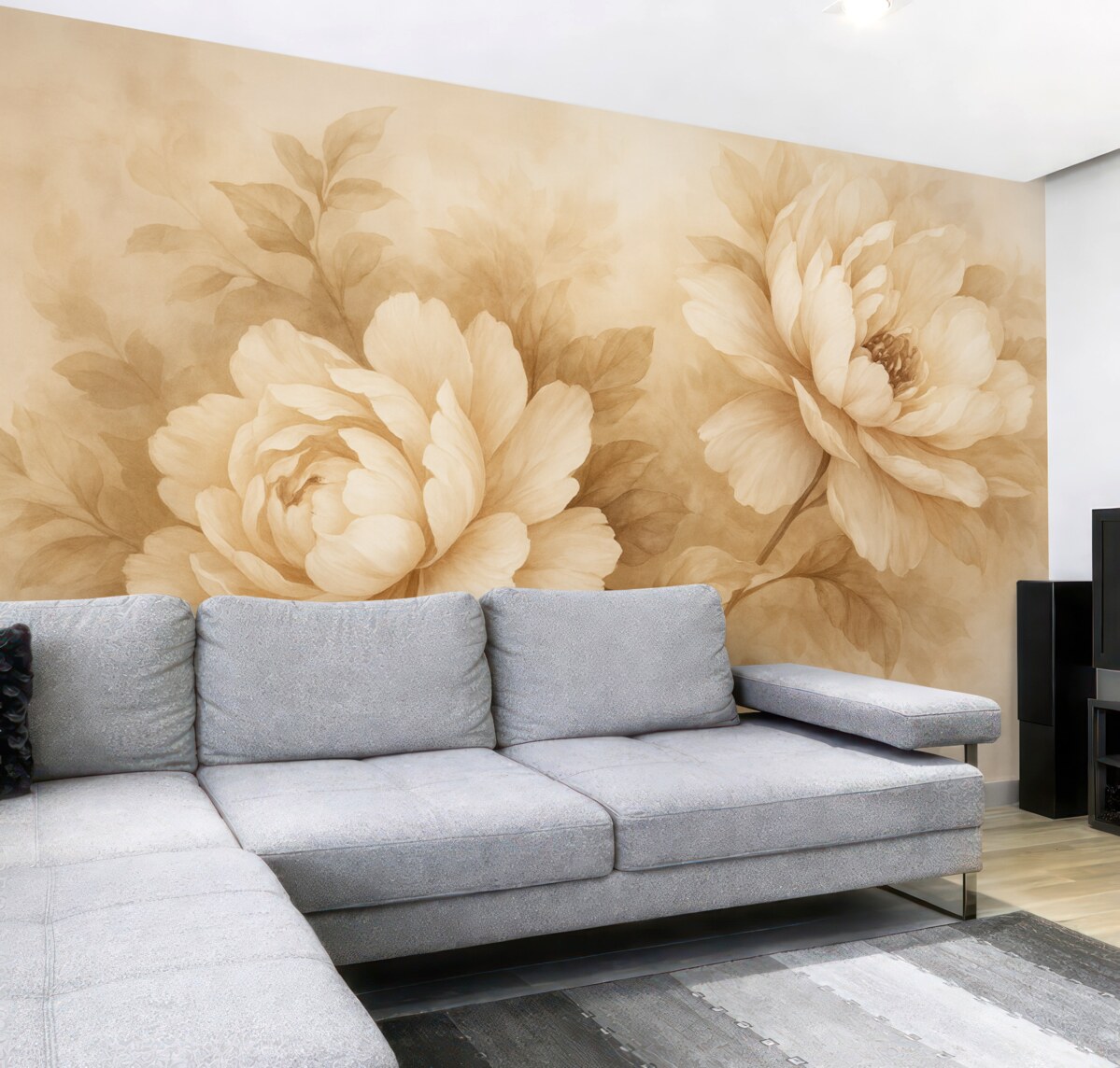 Fototapeta Obraz z dużymi piwoniami w ciepłych stonowanych barwach.