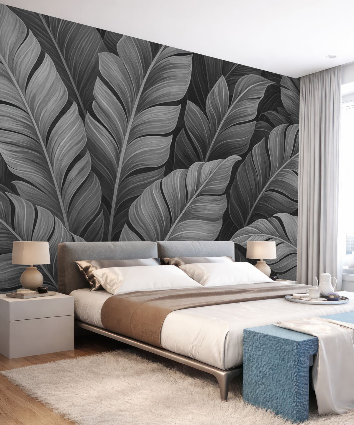 Fototapeta Jednokolorowe czarno-białe tropikalne liście.