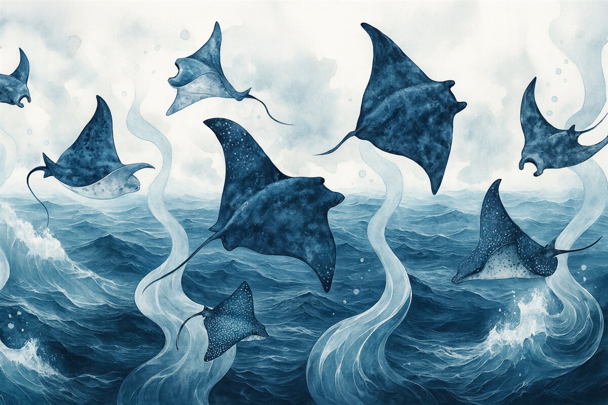 Fototapeta Manta, ryba, akwarela, ocean, morska paleta barw w odcieniach niebieskiego.