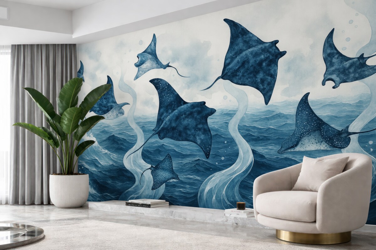 Fototapeta Manta, ryba, akwarela, ocean, morska paleta barw w odcieniach niebieskiego.