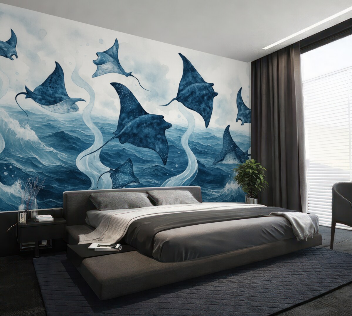 Fototapeta Manta, ryba, akwarela, ocean, morska paleta barw w odcieniach niebieskiego.