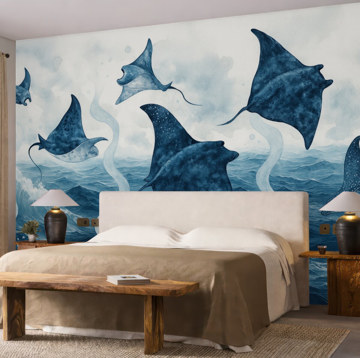 Fototapeta Manta, ryba, akwarela, ocean, morska paleta barw w odcieniach niebieskiego.