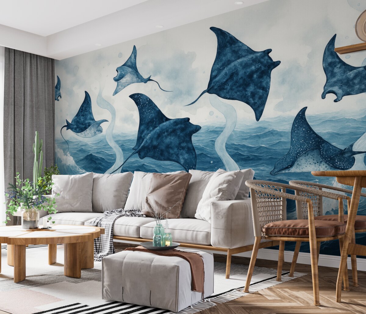 Fototapeta Manta, ryba, akwarela, ocean, morska paleta barw w odcieniach niebieskiego.