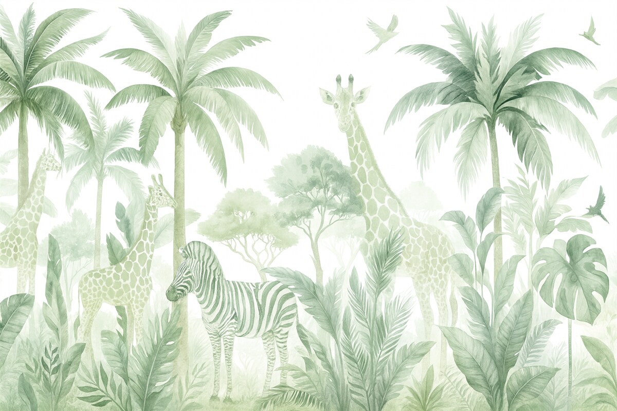Fototapeta Zwierzęta na safari, palmy, las tropikalny, zebra, żyrafa, subtelne zielone odcienie.