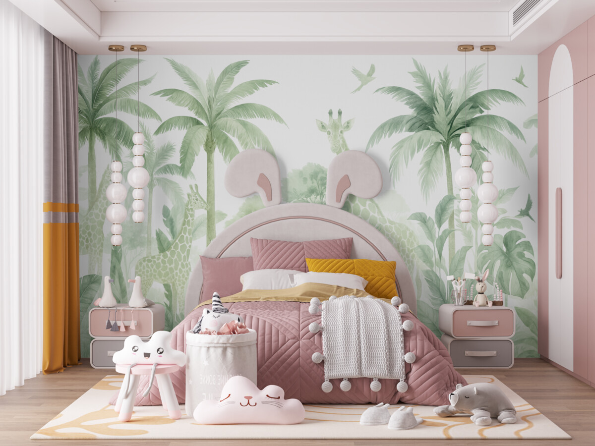 Fototapeta Zwierzęta na safari, palmy, las tropikalny, zebra, żyrafa, subtelne zielone odcienie.