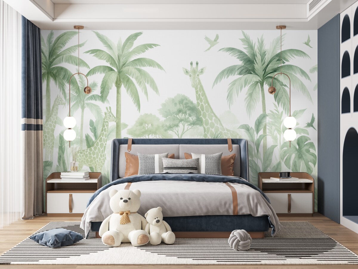 Fototapeta Zwierzęta na safari, palmy, las tropikalny, zebra, żyrafa, subtelne zielone odcienie.