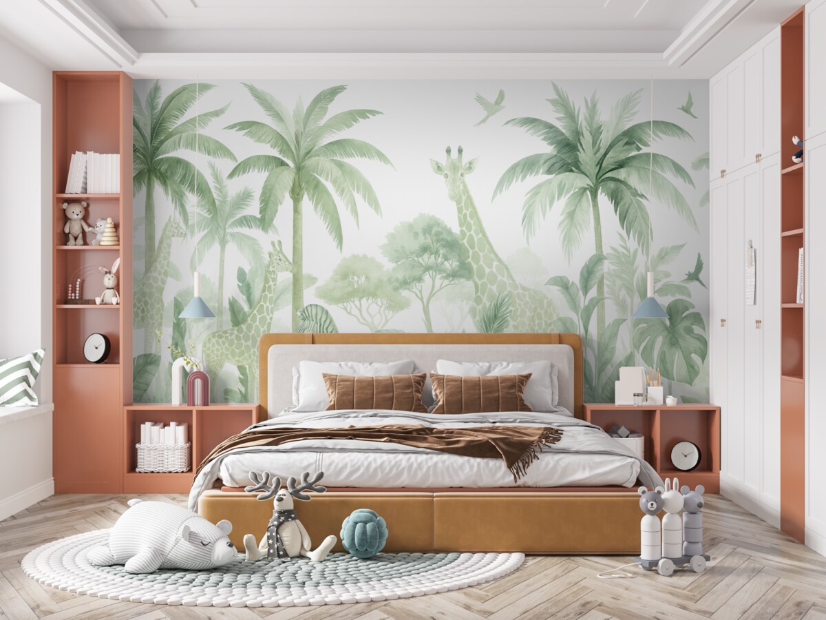 Fototapeta Zwierzęta na safari, palmy, las tropikalny, zebra, żyrafa, subtelne zielone odcienie.