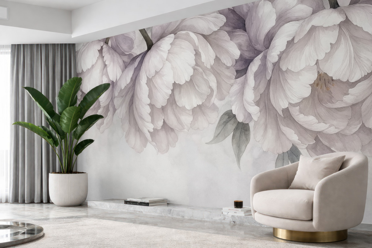 Fototapeta Jasnoróżowe subtelne kwiaty na szarym tle.