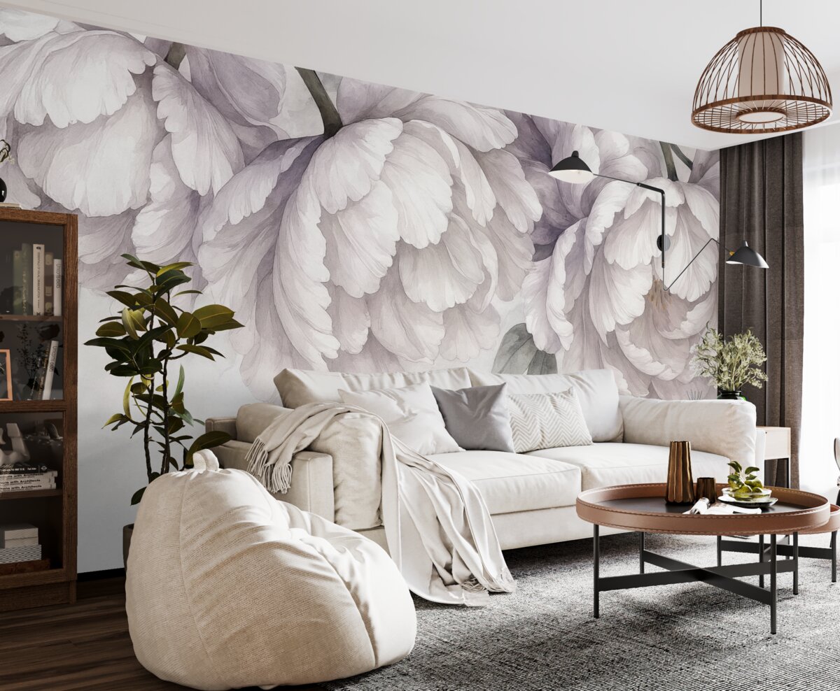 Fototapeta Jasnoróżowe subtelne kwiaty na szarym tle.