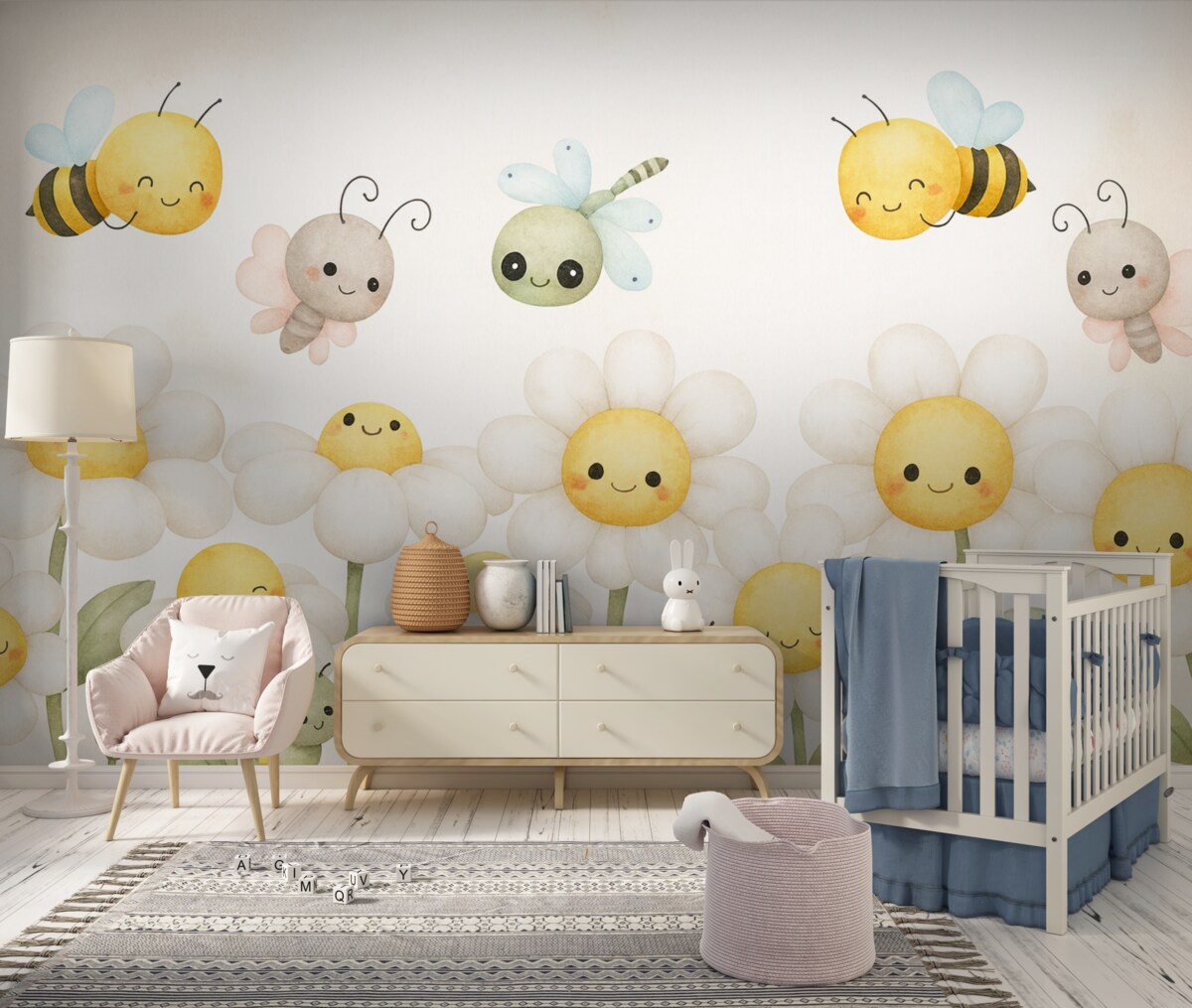 Fototapeta Wielkie stokrotki oraz owady.