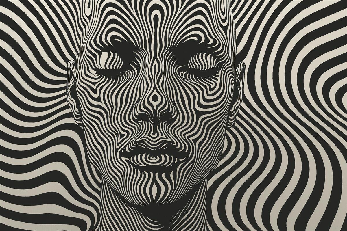 Fototapeta Krata w stylu op art z abstrahującą twarzą, falujące linie na jasnym tle.