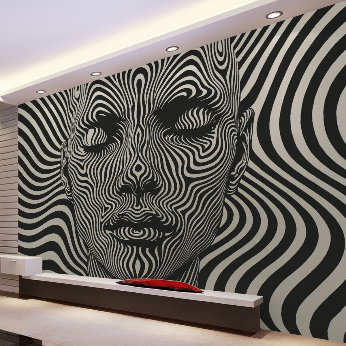 Fototapeta Krata w stylu op art z abstrahującą twarzą, falujące linie na jasnym tle.