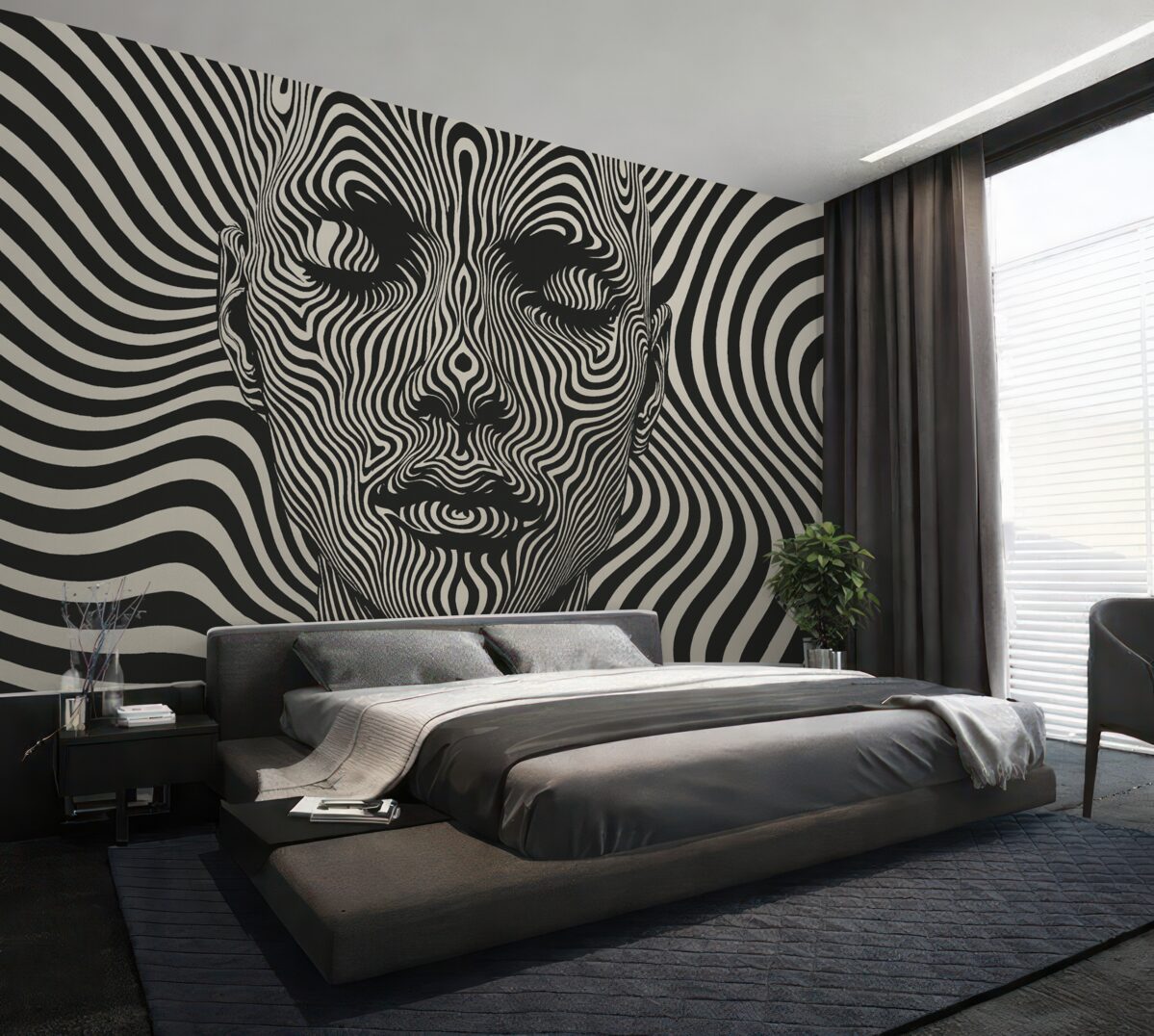 Fototapeta Krata w stylu op art z abstrahującą twarzą, falujące linie na jasnym tle.