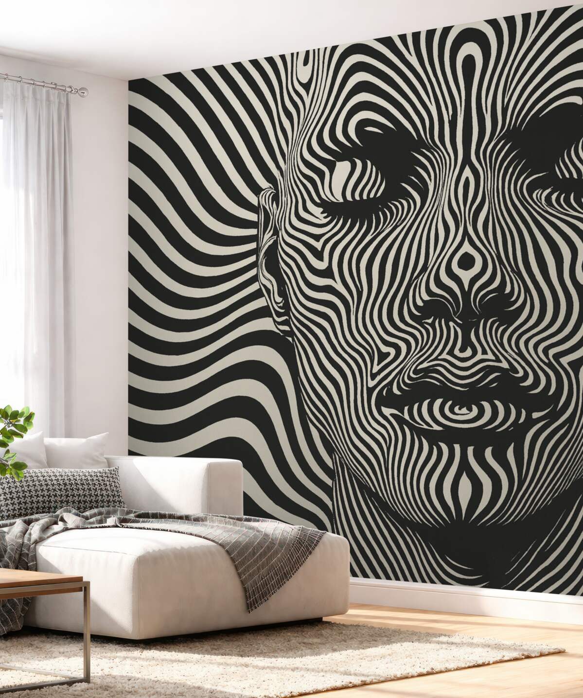 Fototapeta Krata w stylu op art z abstrahującą twarzą, falujące linie na jasnym tle.