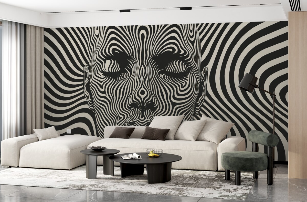 Fototapeta Krata w stylu op art z abstrahującą twarzą, falujące linie na jasnym tle.