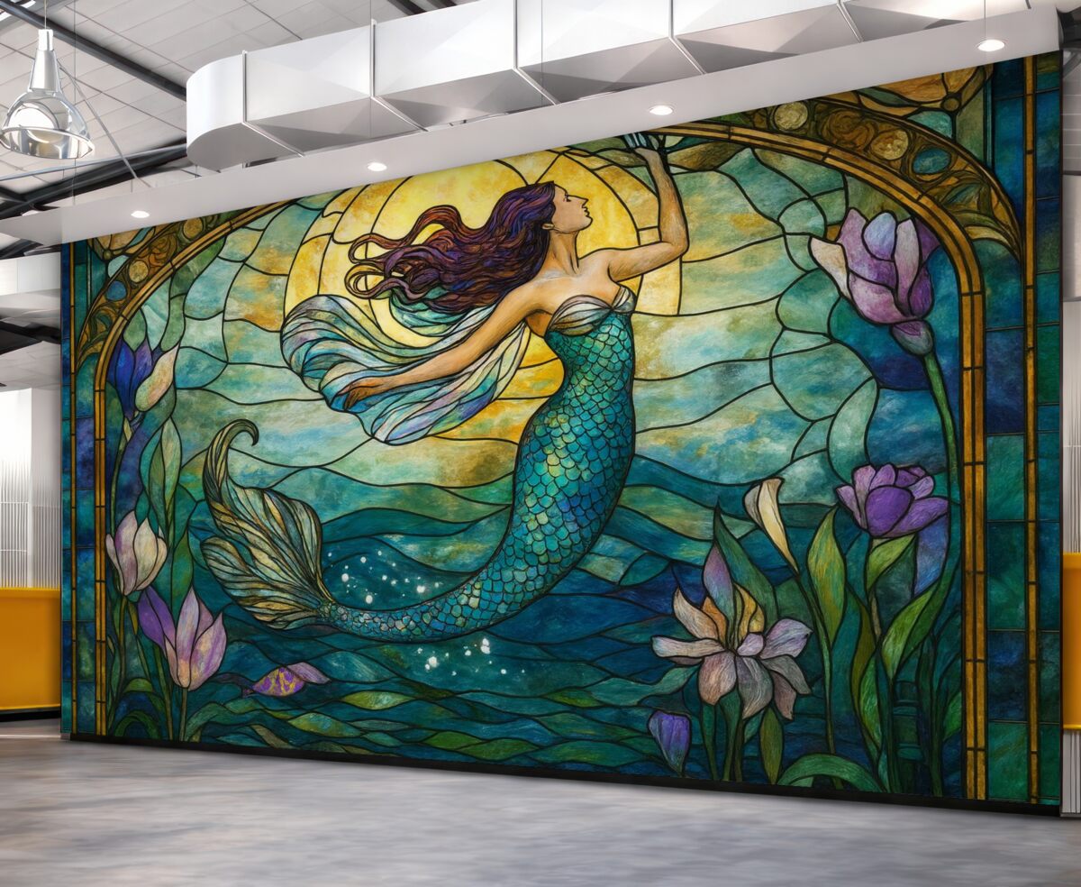 Fototapeta Tapeta w stylu witraża z obrazem czarującej syreny.