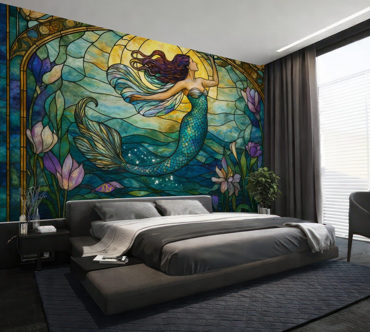 Fototapeta Tapeta w stylu witraża z obrazem czarującej syreny.