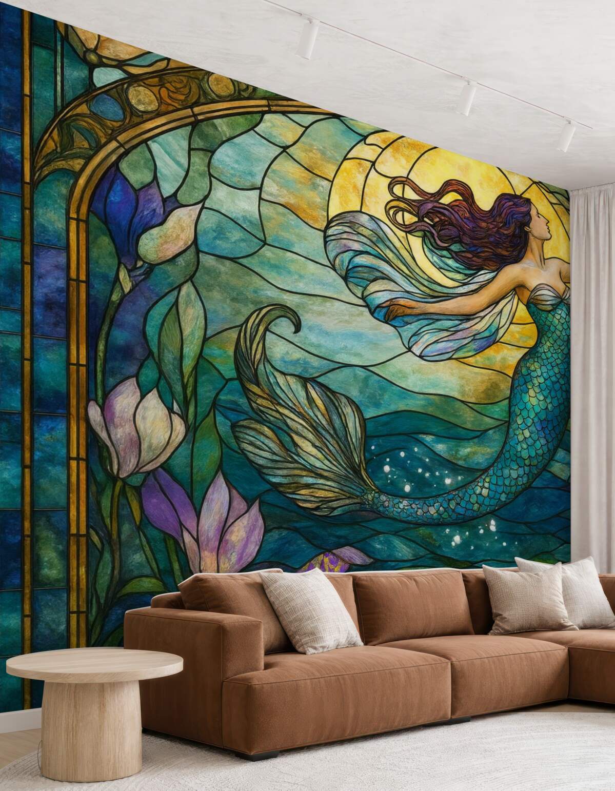 Fototapeta Tapeta w stylu witraża z obrazem czarującej syreny.