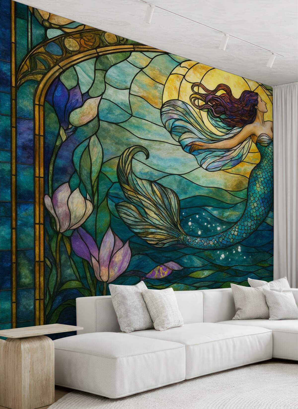 Fototapeta Tapeta w stylu witraża z obrazem czarującej syreny.
