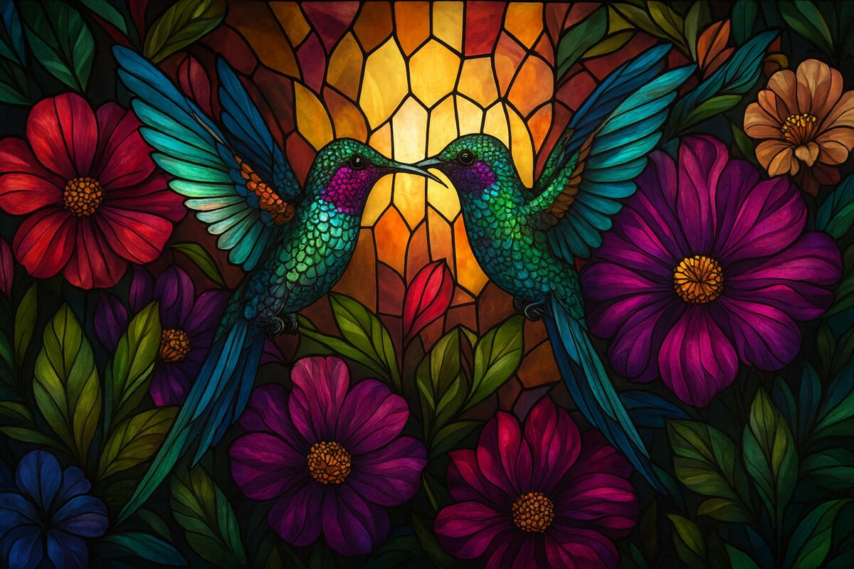 Fototapeta Tapeta w stylu witrażowym z przedstawieniem dwóch ptaków kalibru wśród roślin i kwiatów.