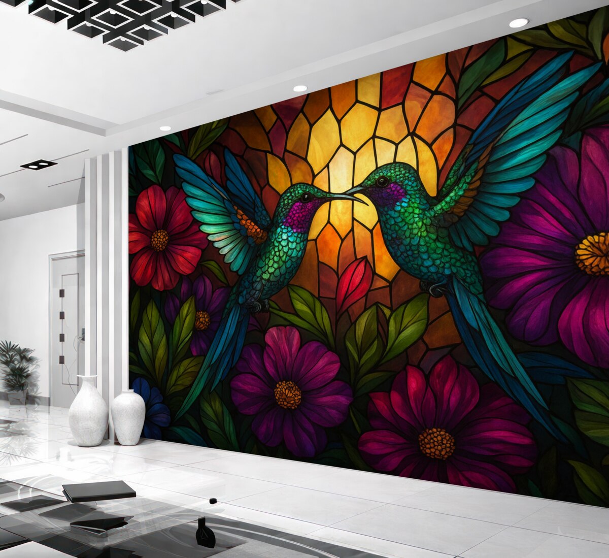 Fototapeta Tapeta w stylu witrażowym z przedstawieniem dwóch ptaków kalibru wśród roślin i kwiatów.