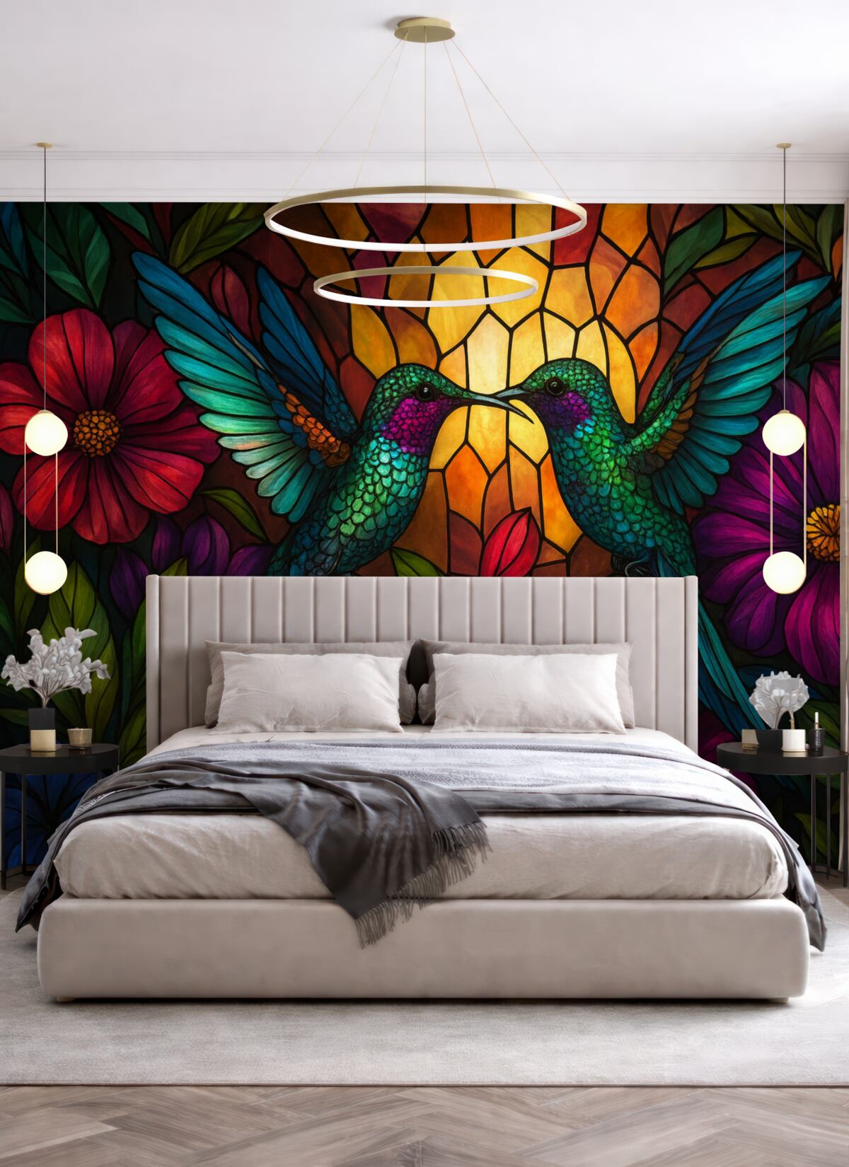 Fototapeta Tapeta w stylu witrażowym z przedstawieniem dwóch ptaków kalibru wśród roślin i kwiatów.