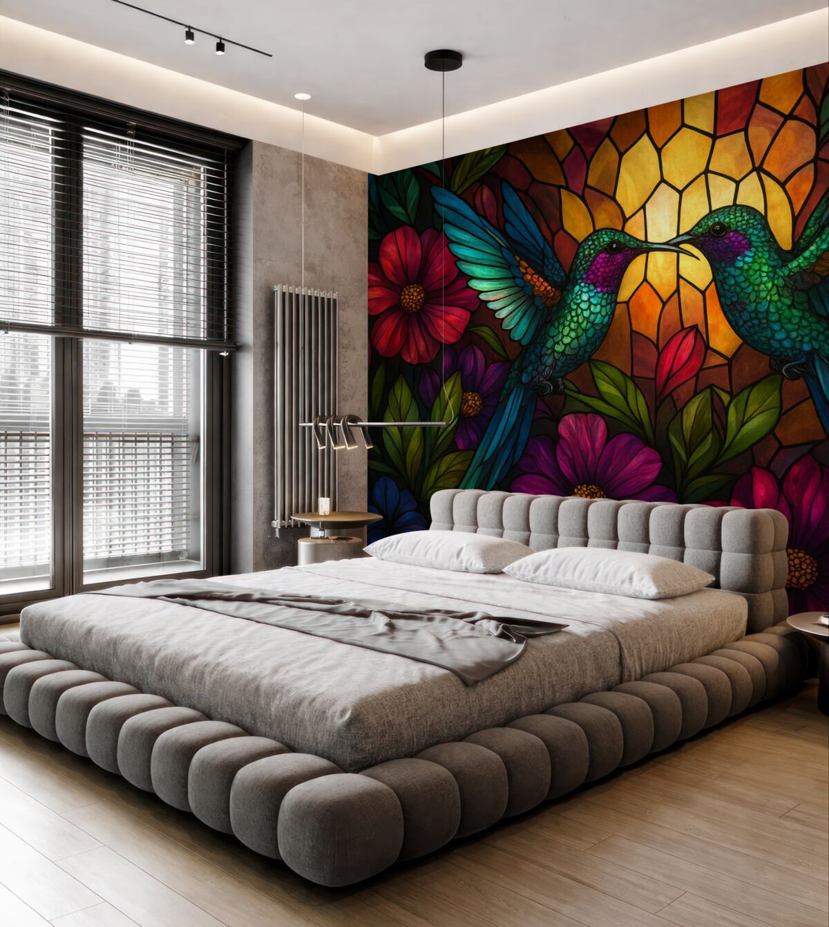 Fototapeta Tapeta w stylu witrażowym z przedstawieniem dwóch ptaków kalibru wśród roślin i kwiatów.