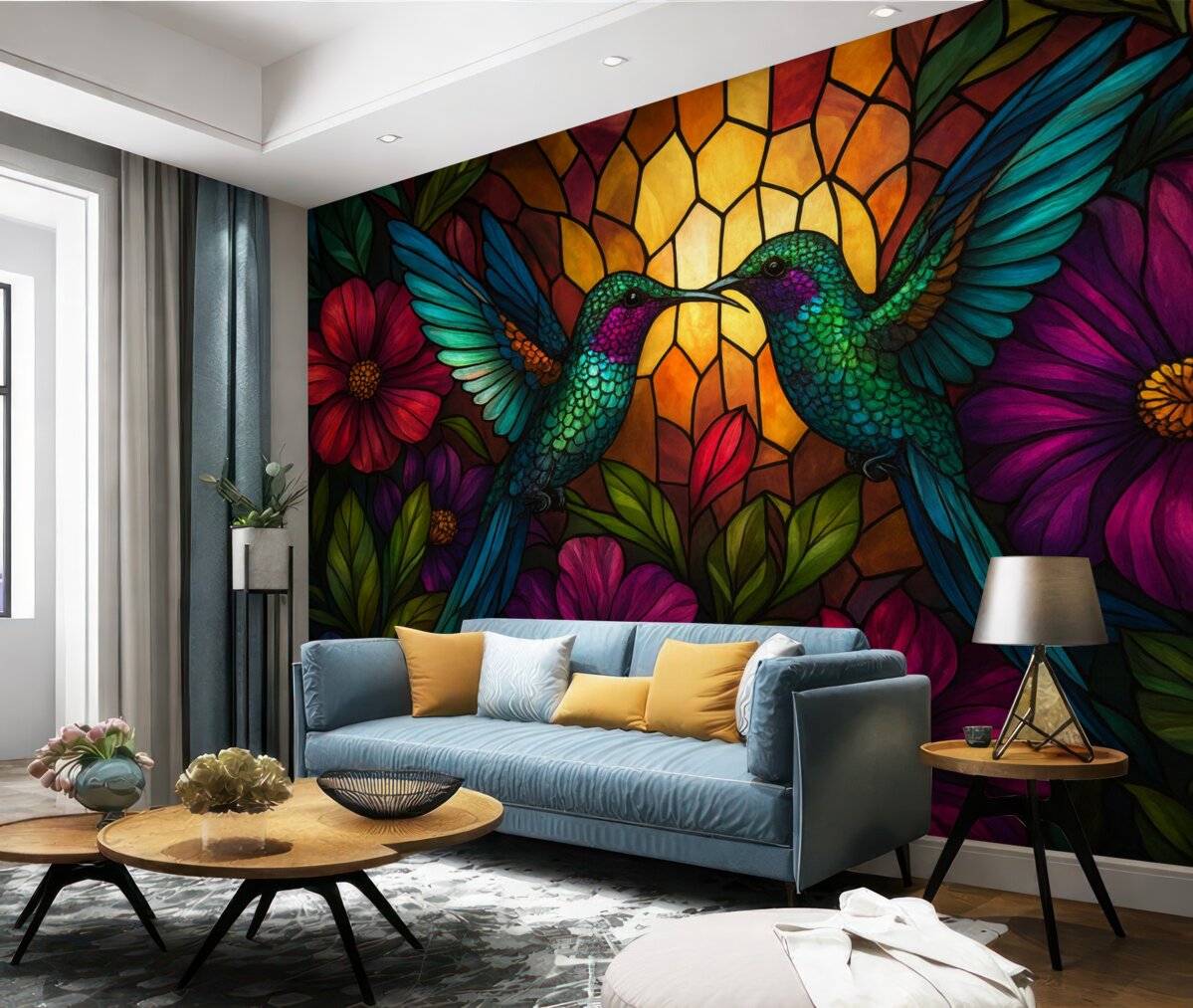 Fototapeta Tapeta w stylu witrażowym z przedstawieniem dwóch ptaków kalibru wśród roślin i kwiatów.