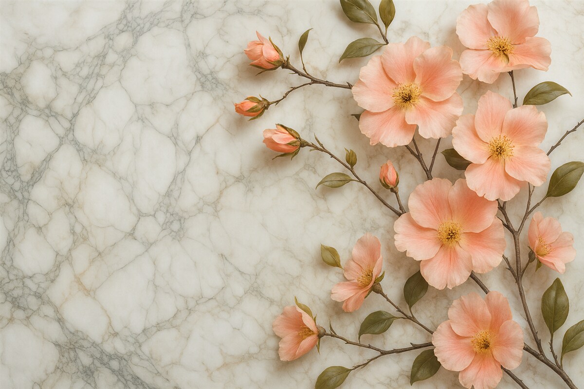 Fototapeta Subtelne kwiaty na tle naśladowania marmuru.