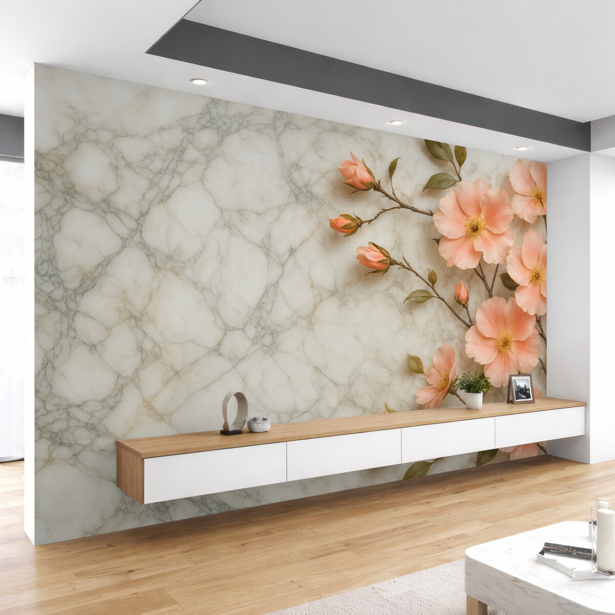 Fototapeta Subtelne kwiaty na tle naśladowania marmuru.