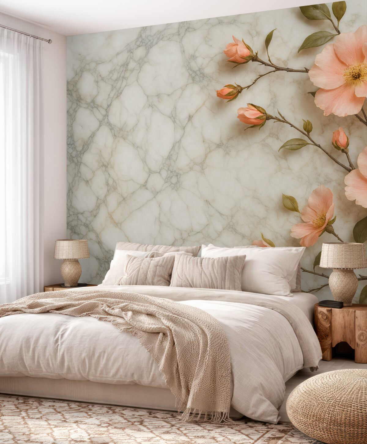 Fototapeta Subtelne kwiaty na tle naśladowania marmuru.