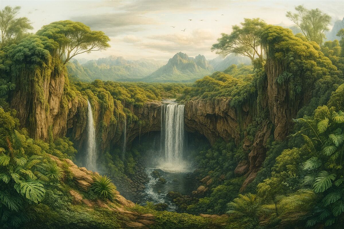 Fototapeta szeroka panorama wąwozu z drzewami oraz wodospadem