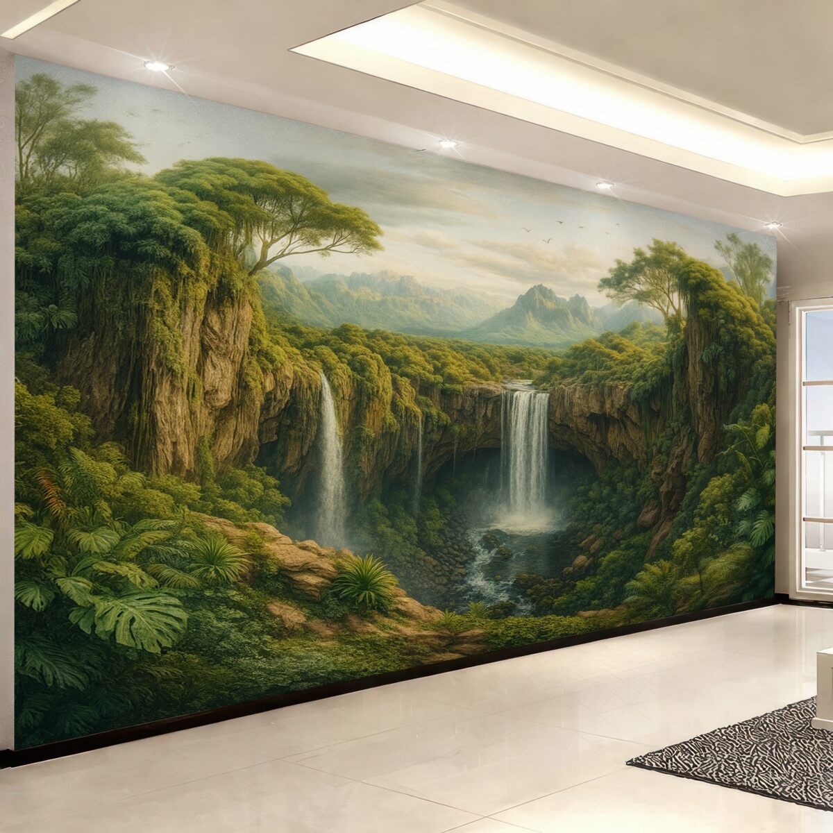 Fototapeta szeroka panorama wąwozu z drzewami oraz wodospadem