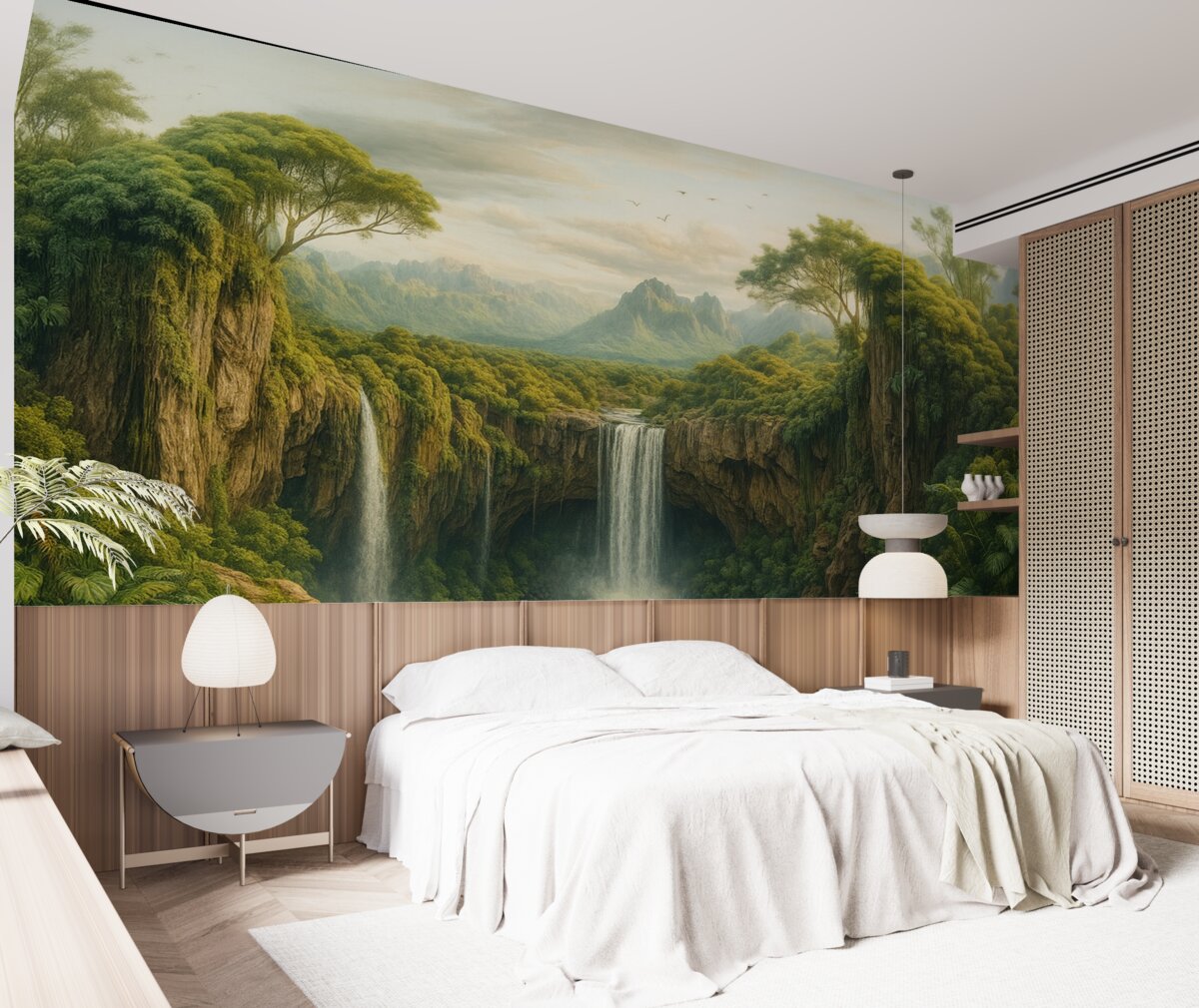 Fototapeta szeroka panorama wąwozu z drzewami oraz wodospadem