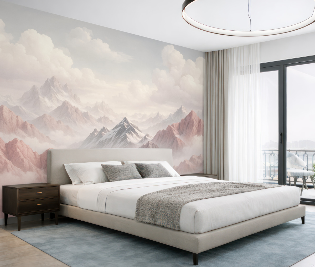 Fototapeta Różowe szczyty w mgle i wirujących chmurach.