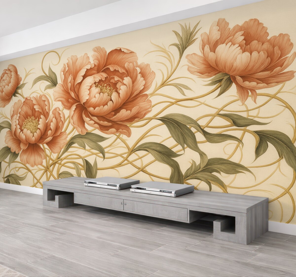 Fototapeta Stylowe piwonie z podkręconymi liśćmi.