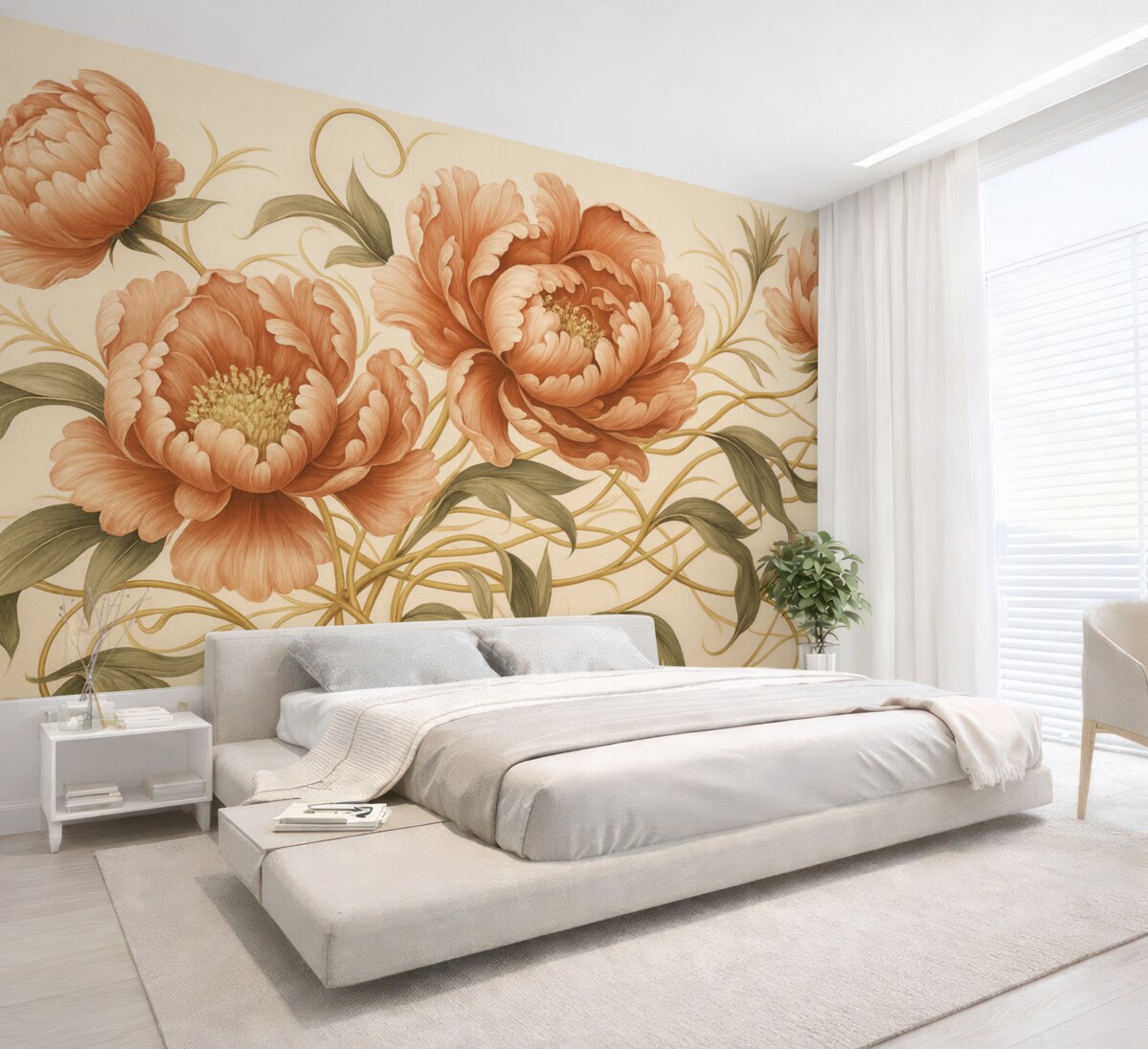 Fototapeta Stylowe piwonie z podkręconymi liśćmi.