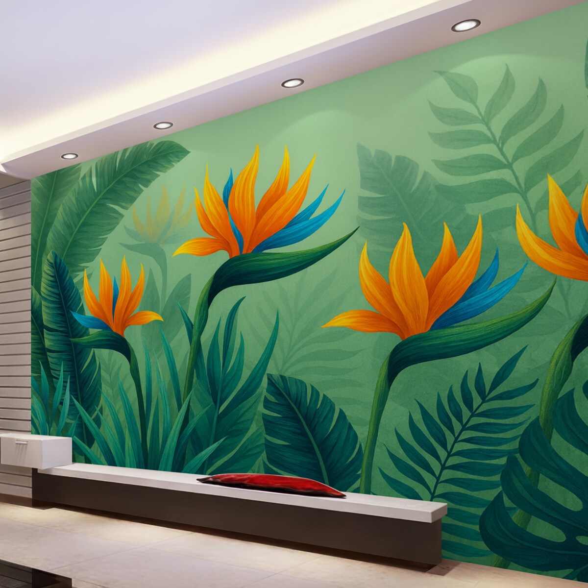 Fototapeta Jasne liście na zielonym tle z białymi wzorami.