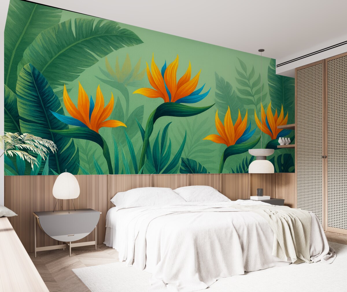 Fototapeta Jasne liście na zielonym tle z białymi wzorami.