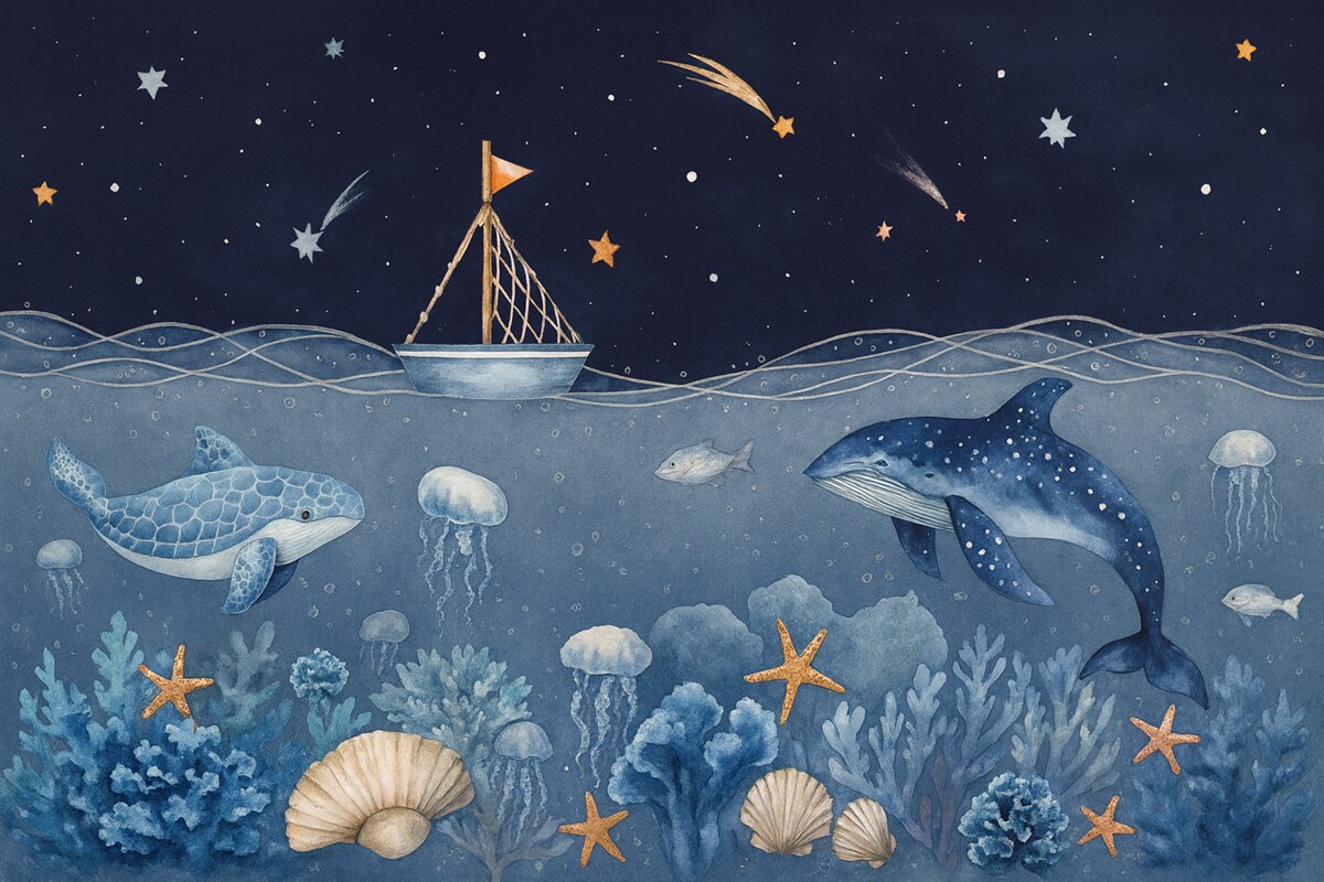 Fototapeta Organizmy morskie, technika akwareli, rafy koralowe, jednostka pływająca, delfin, meduza, nocne niebo usiane gwiazdami, odcienie niebieskiego.