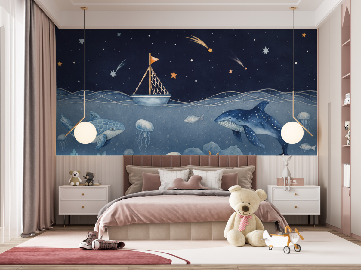 Fototapeta Organizmy morskie, technika akwareli, rafy koralowe, jednostka pływająca, delfin, meduza, nocne niebo usiane gwiazdami, odcienie niebieskiego.