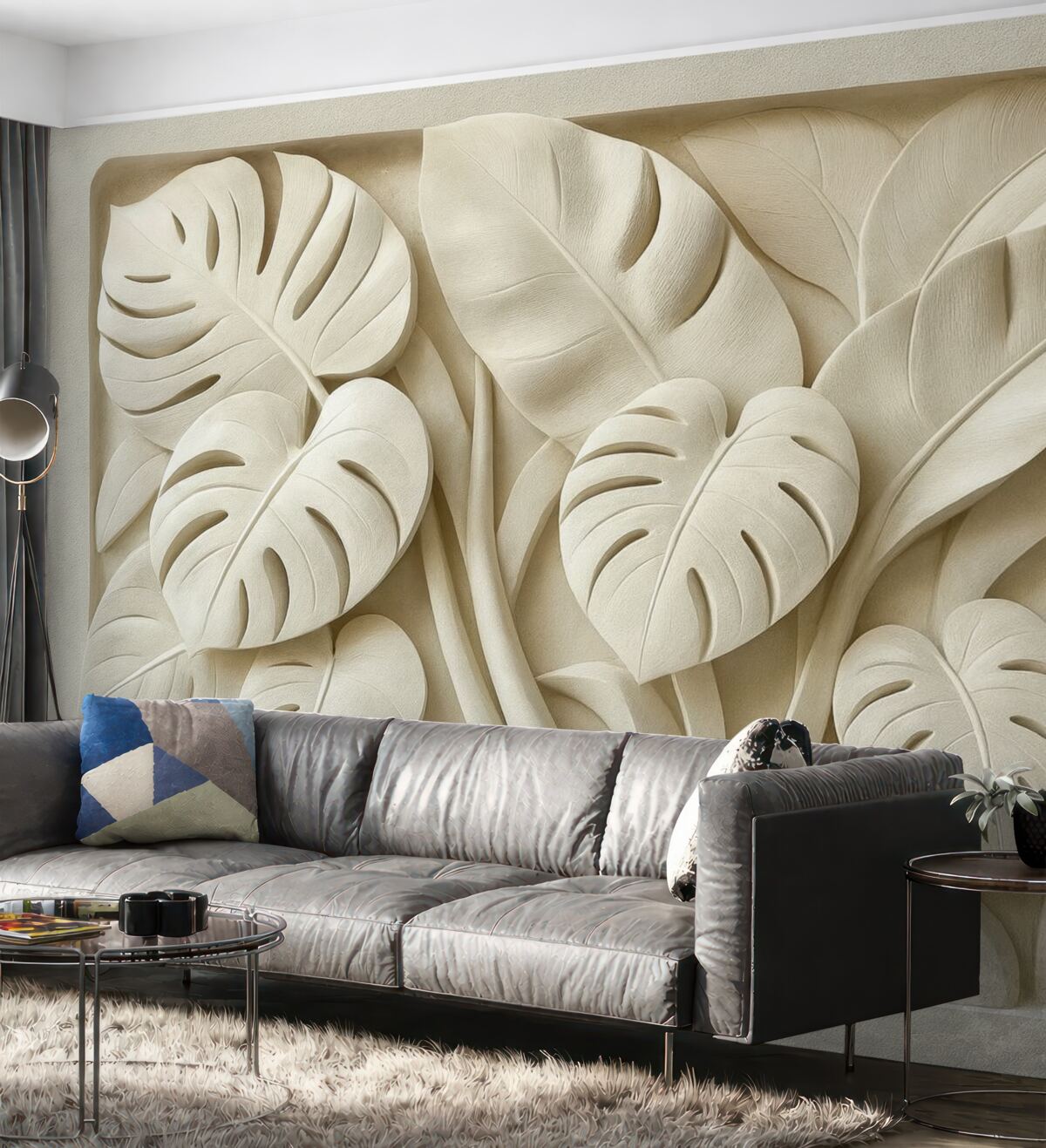 Fototapeta Płaskorzeźba dużych liści monstera.